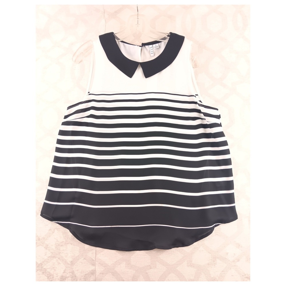 ELLE‎ Black White Stripe Collar Sleeveless Top Women's Medium